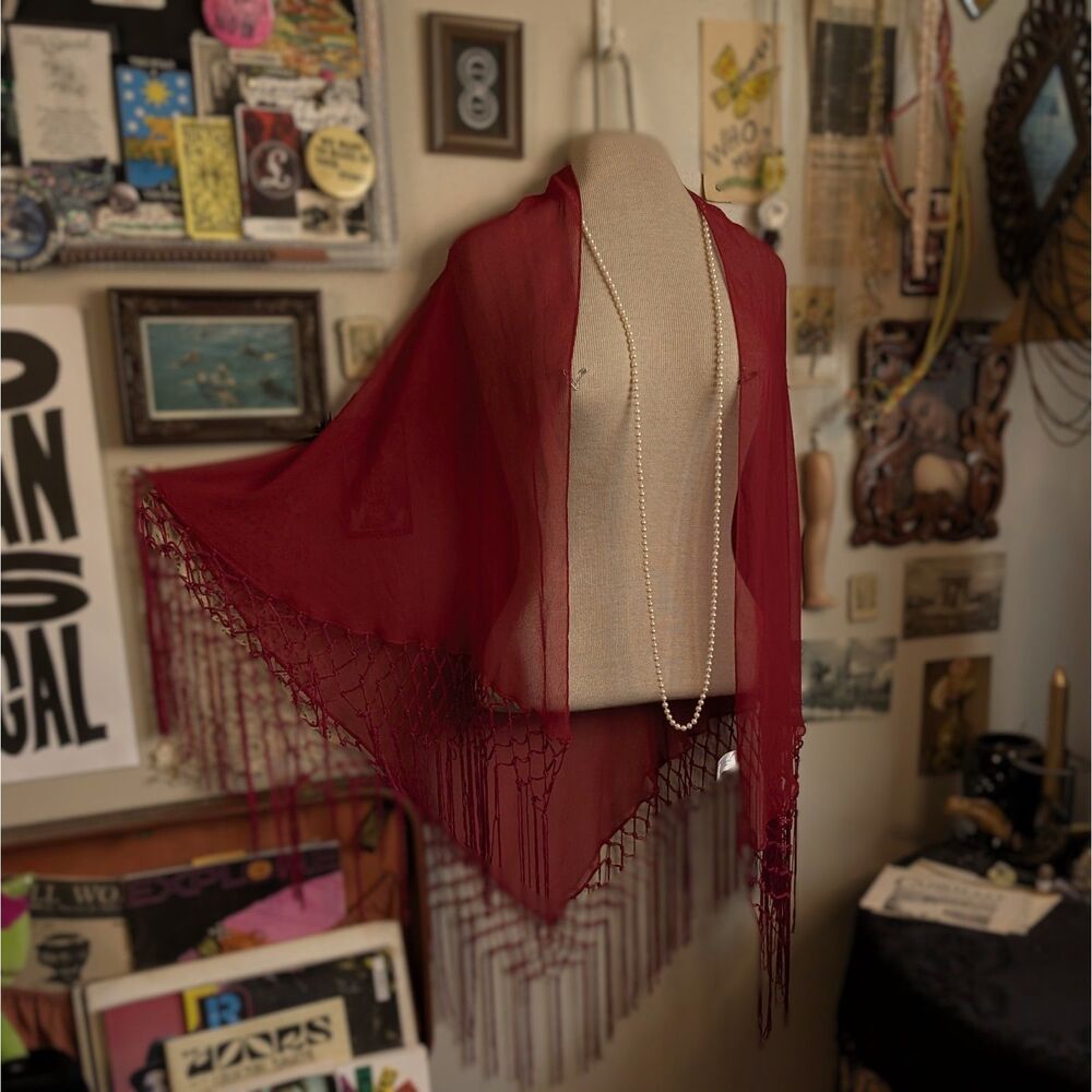 Sheer Netted Fringe Shawl Adult One Size Bright Red